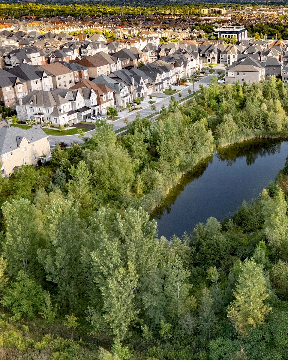 Overhead view of community near pond.